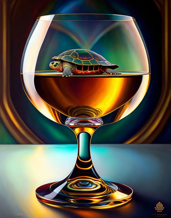 Vibrant surreal turtle in wine glass on abstract background