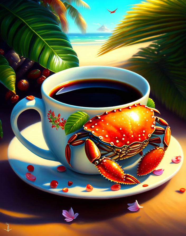 Colorful Crab Relaxing Next to Coffee Cup on Tropical Beach Background