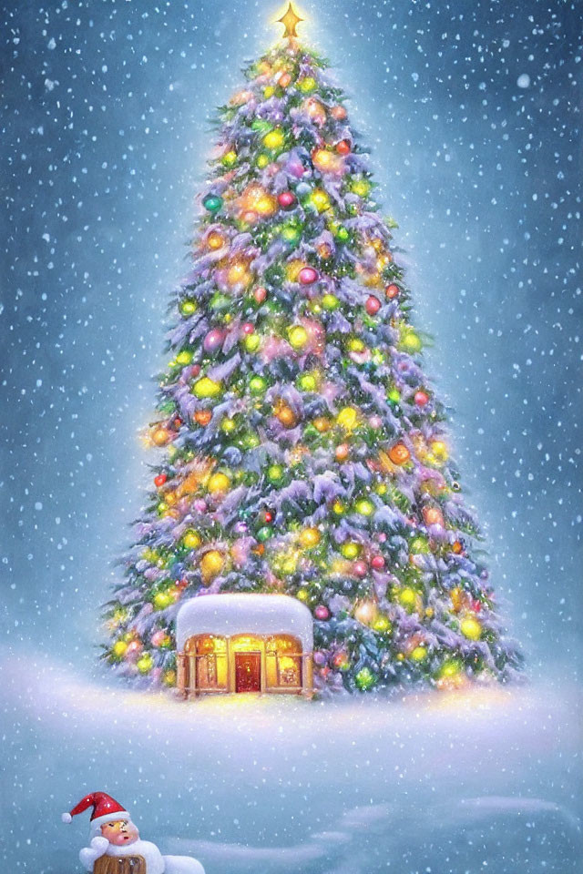 Vibrantly decorated Christmas tree with star, lights, cozy cabin, and falling snowflakes