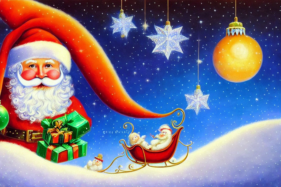 Vibrant Santa Claus illustration with gifts, sleigh, snowman, and starlit sky