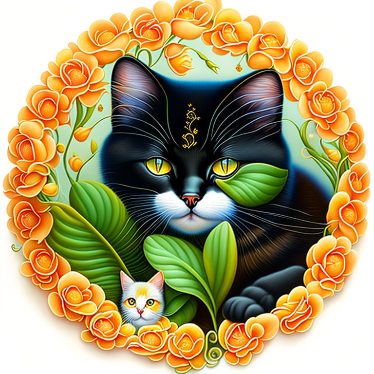 Colorful Illustration of Black and White Cat with Kitten in Orange Floral Frame