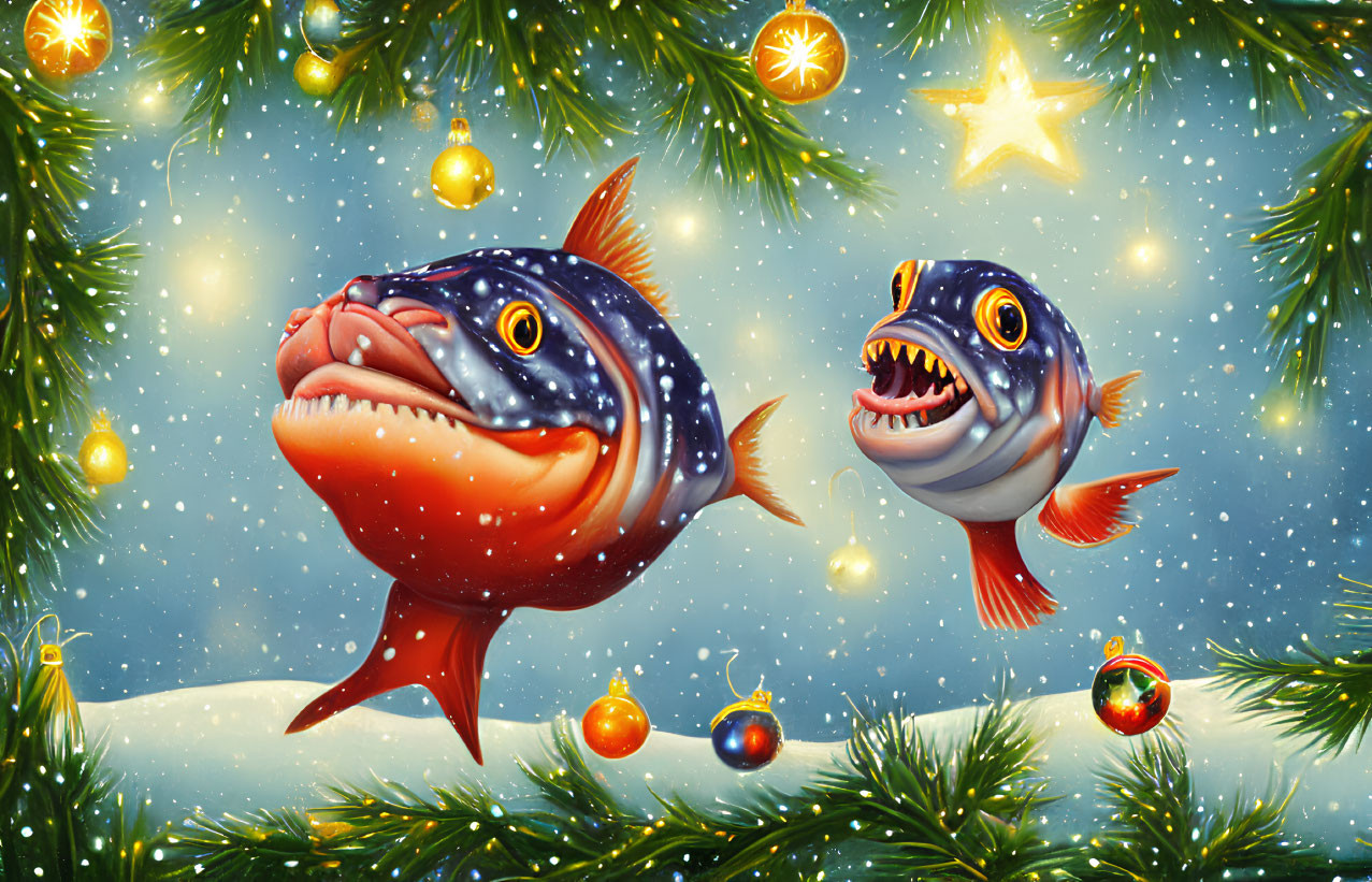 Cartoonish fish swim in Christmas tree scene with snowflakes