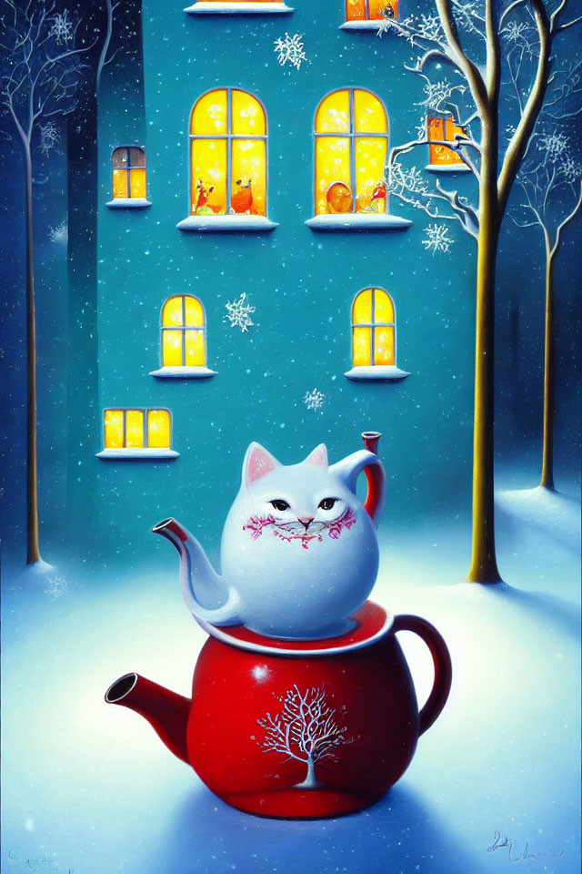 Whimsical painting of red teapot with snow-covered cat lid on snowy backdrop