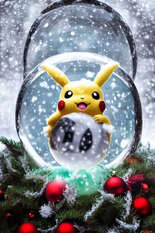 Snow Globe Pikachu Winter Holiday Scene with Snowflakes