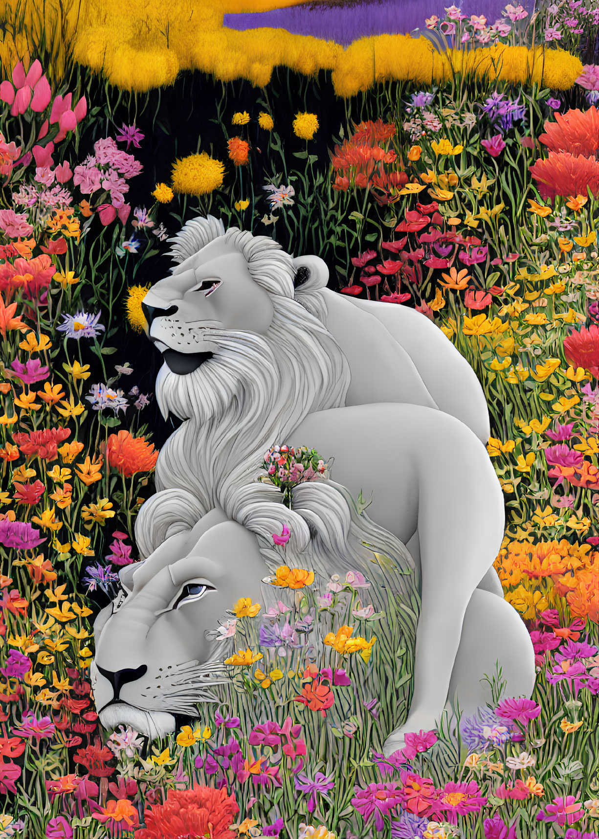 Two lions resting in colorful flower field with wilderness backdrop