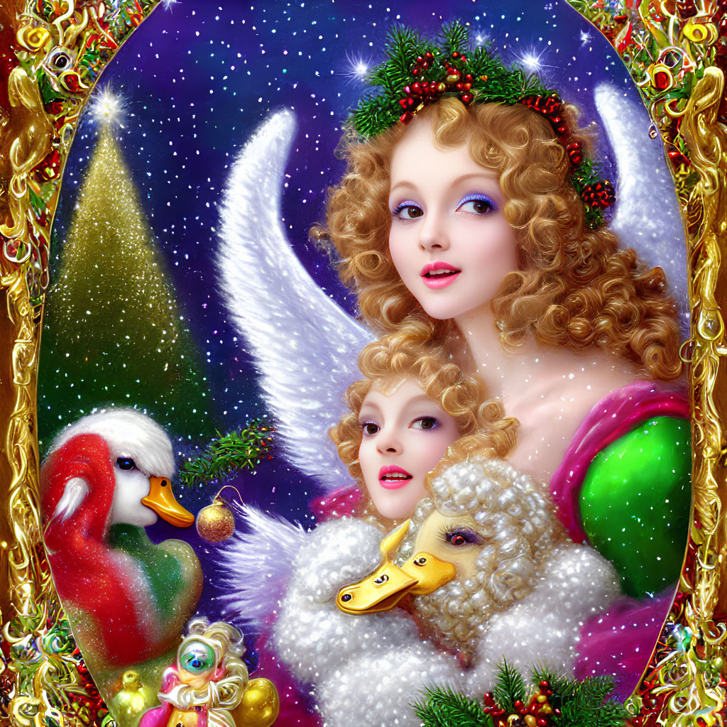 Blonde angel surrounded by ducks in festive frame