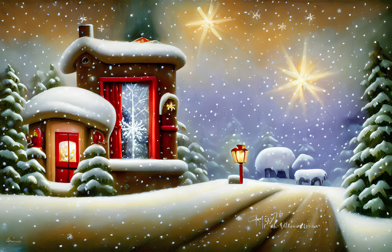 Snow-covered cottage with glowing windows and lamp post in snowy Christmas scene