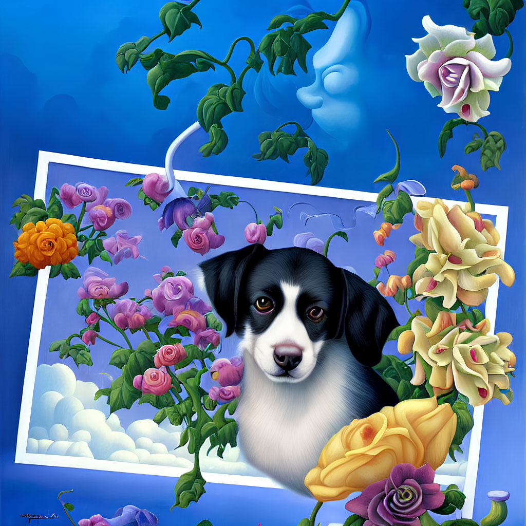 Colorful Dog Painting in Floral Frame on Blue Sky