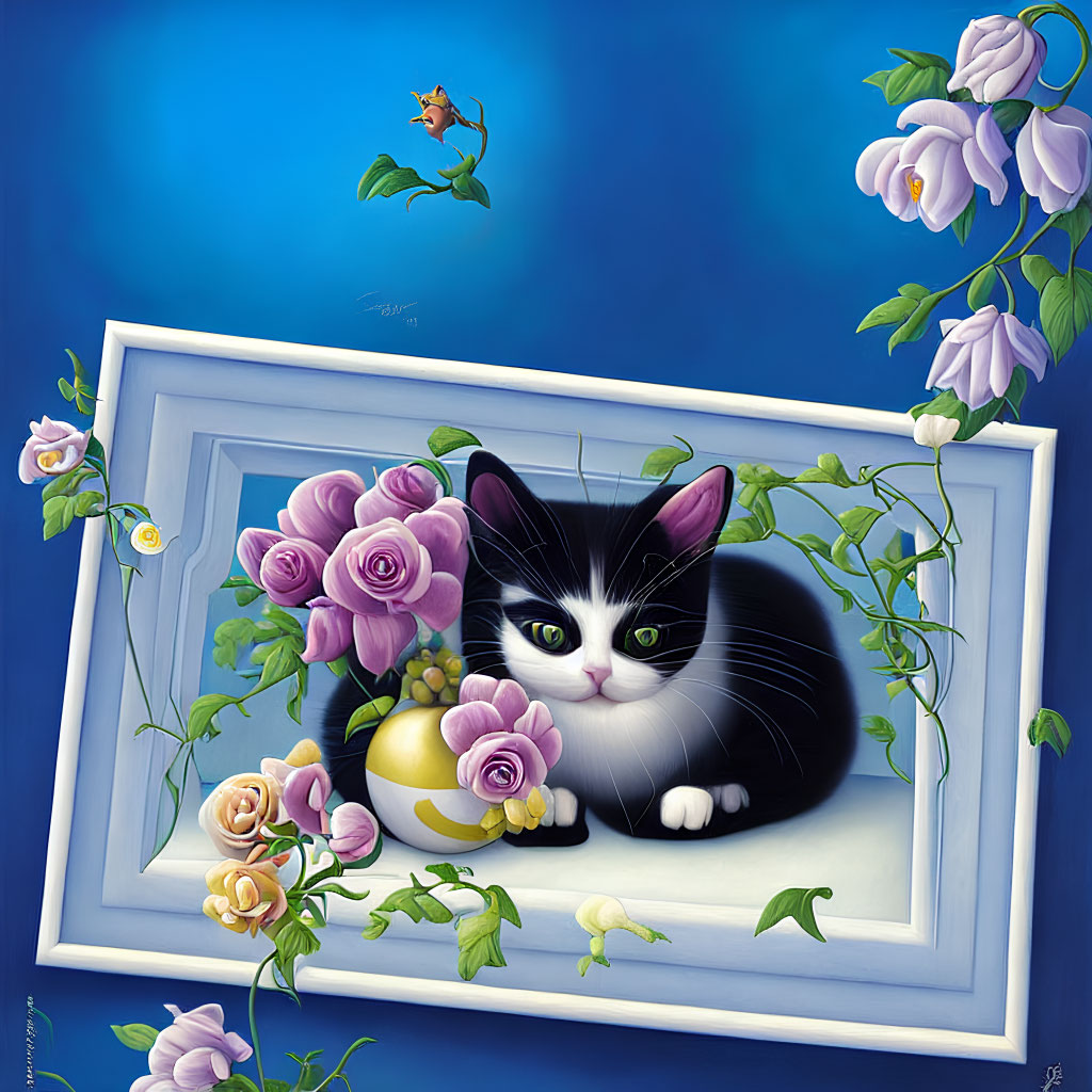 Whimsical black and white cat painting with floral frame and butterfly on blue background