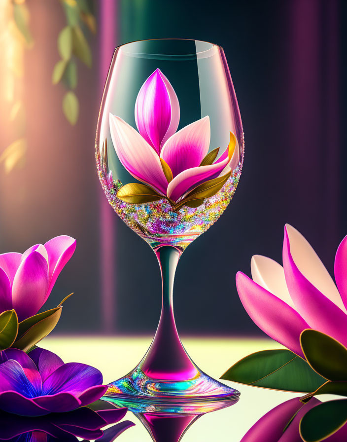 Translucent wine glass with iridescent stem and vibrant lotus flower design