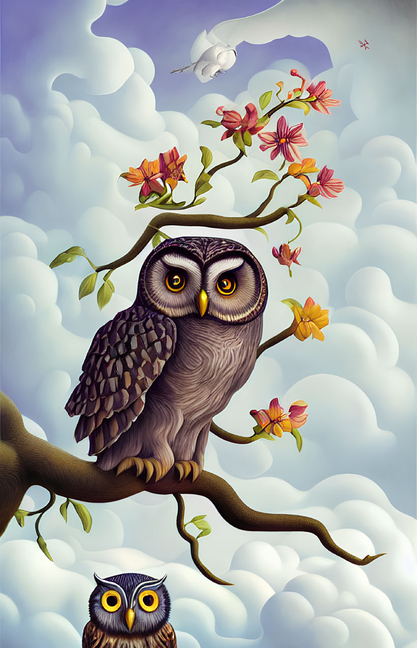 Surreal artwork of two stylized owls on a flowering branch under a cloudy sky