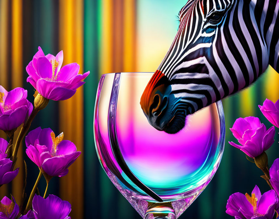 Zebra among colorful stripes and purple flowers on glass reflection