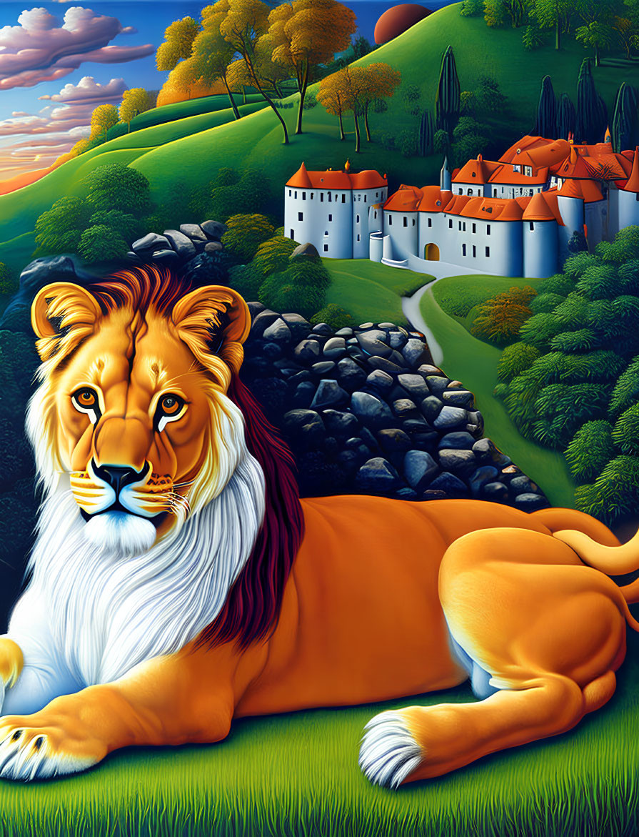 Colorful illustration: Majestic lion in foreground, whimsical landscape with fairytale castle in background