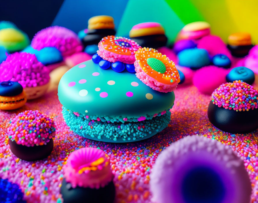 Colorful Fake Sweets and Desserts on Rainbow Background