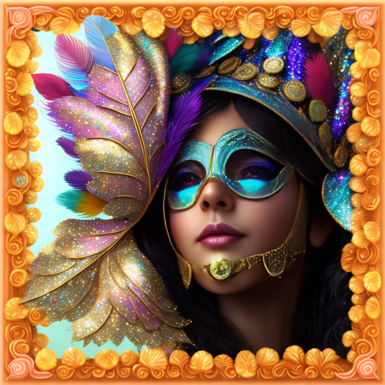 Colorful Feathers and Golden Jewelry Portrait with Round Sunglasses