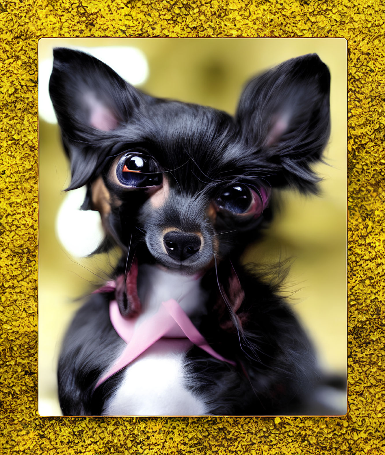 Small black and tan Chihuahua with pink ribbon collar on yellow textured background