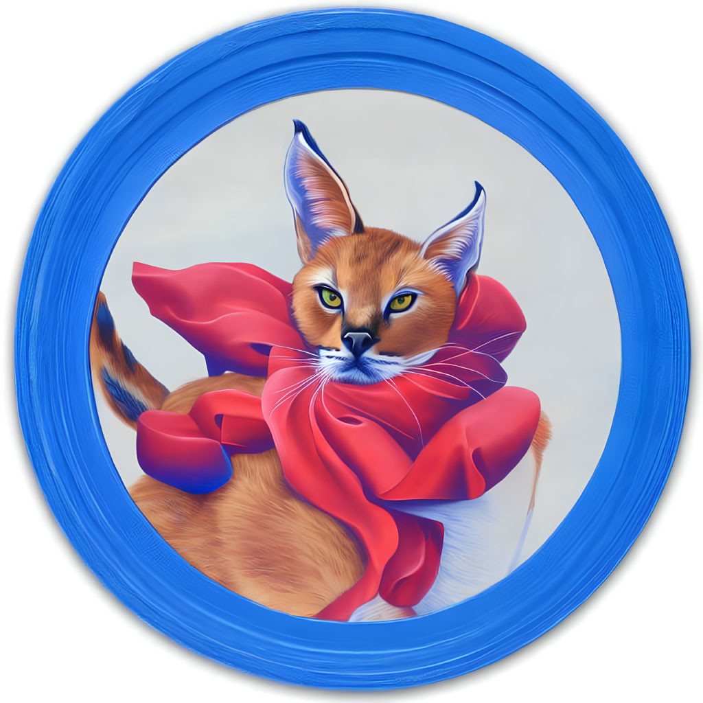 Illustration of orange cat with human-like eyes and red bow in blue circular frame