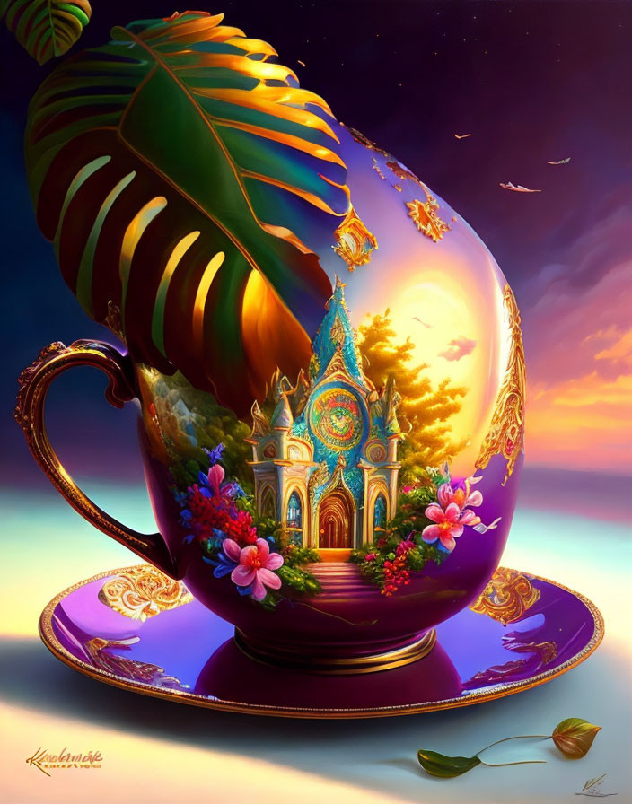 Ornate teacup with cathedral-like structure and stained-glass windows on twilight background