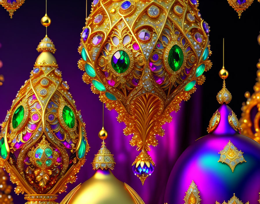 Golden baubles with jewel accents and peacock feathers on purple background