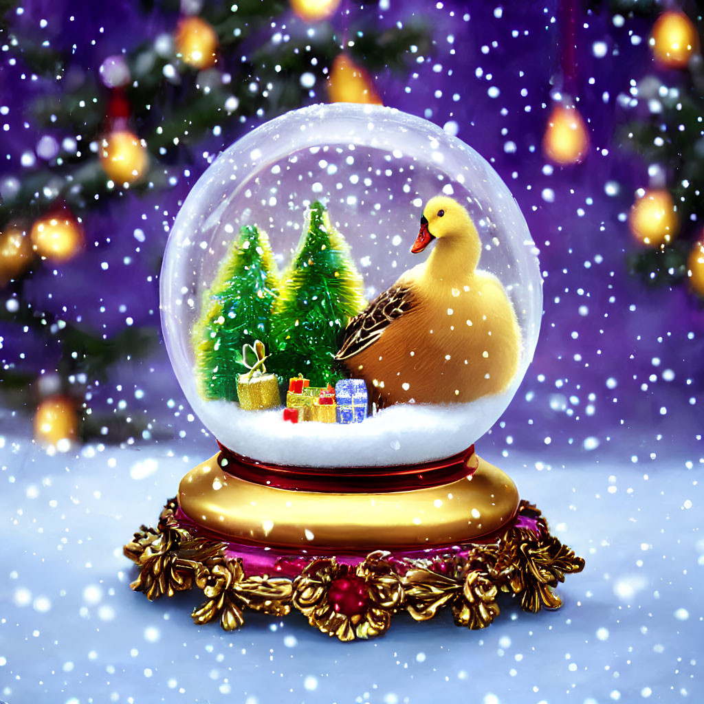 Duck-themed Christmas snow globe with falling snowflakes