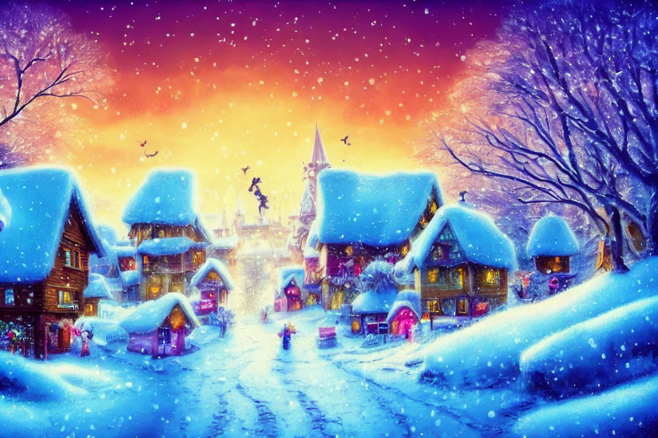 Winter village scene with colorful houses, starlit sky, central statue, and cozy glow.