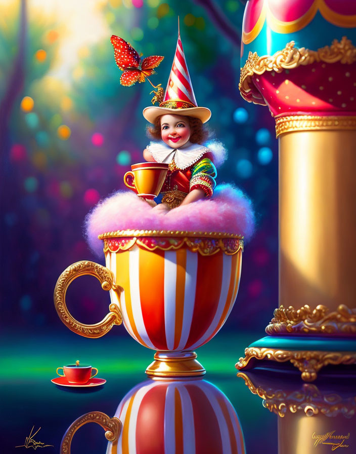 Colorful Clown Illustration Sitting on Striped Teacup with Butterfly