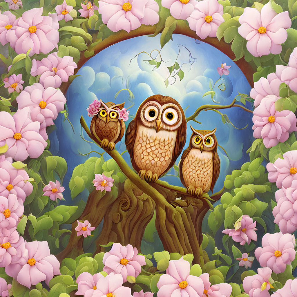 Cartoon Owls on Branch with Pink Flowers and Blue Sky