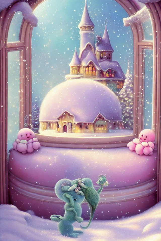 Snow-covered castle with playful snow creatures and green character blowing snowflakes in a whimsical winter scene