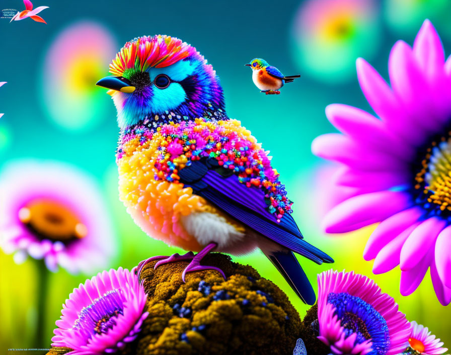 Colorful Stylized Bird Among Vibrant Flowers on Blue-Green Background