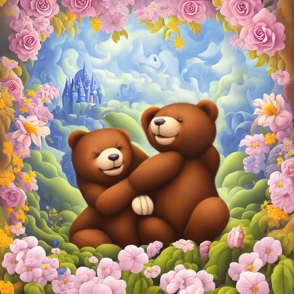 Colorful Cartoon Bears Hugging in Floral Setting