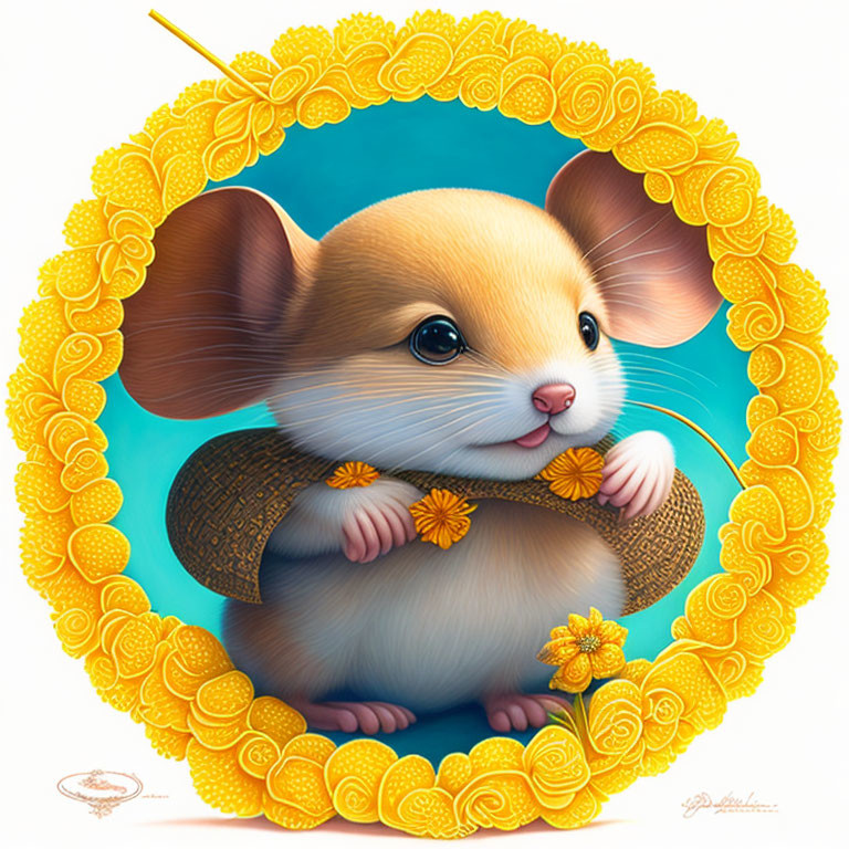 Illustration of cute mouse with oversized ears holding flower in golden floral wreath on blue background