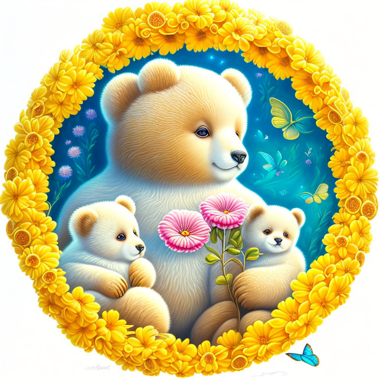 Smiling bear with cubs in floral wreath and butterflies