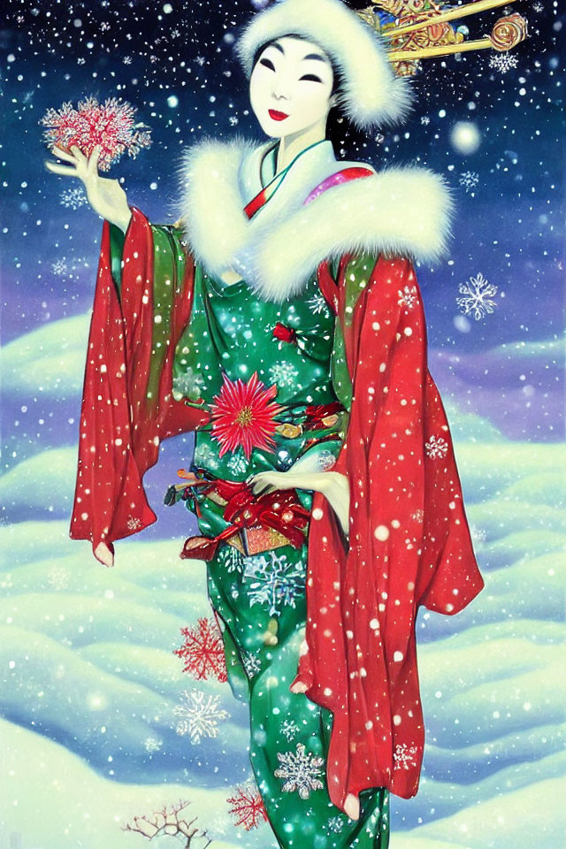 Geisha painting in green kimono with red patterns under snowy sky