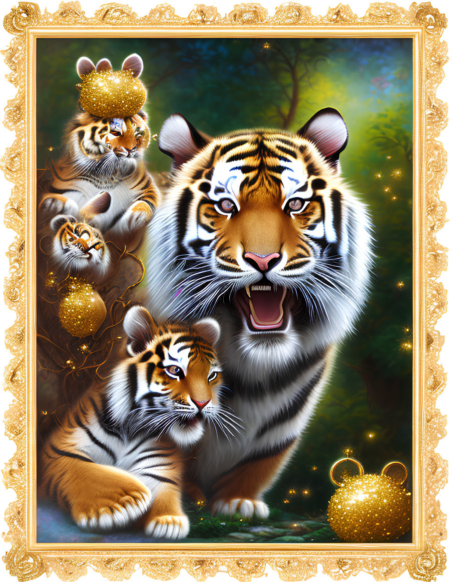 Illustration of ornate tiger family with golden ornaments and roaring adult tiger.