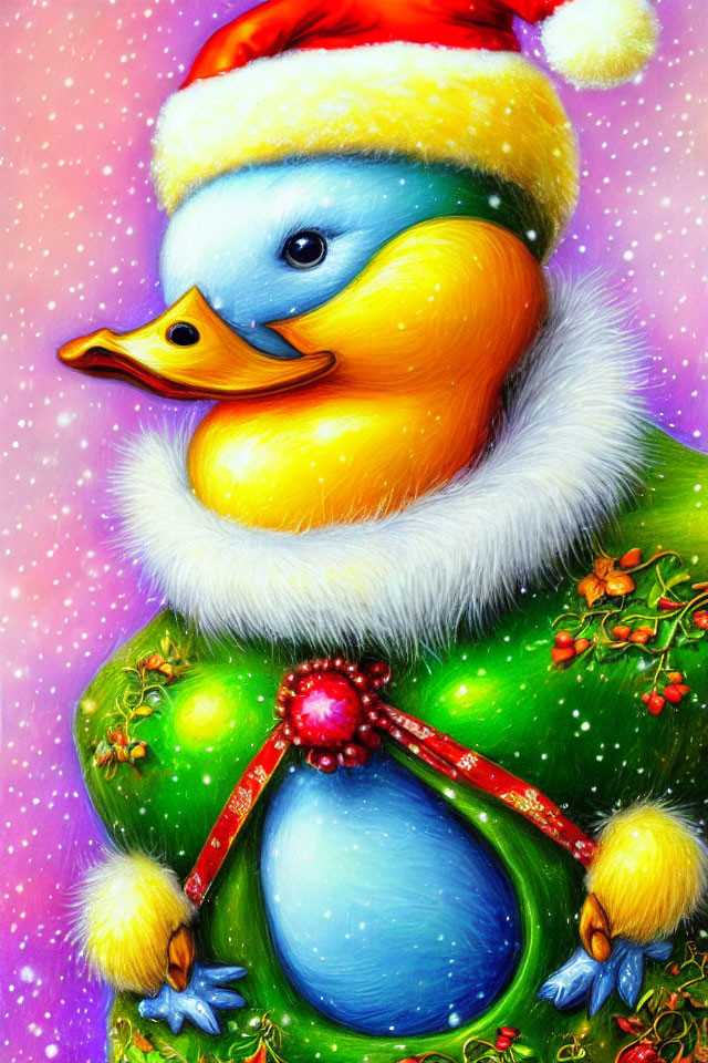 Colorful Duck in Santa Hat and Holiday Coat in Snowy Scene