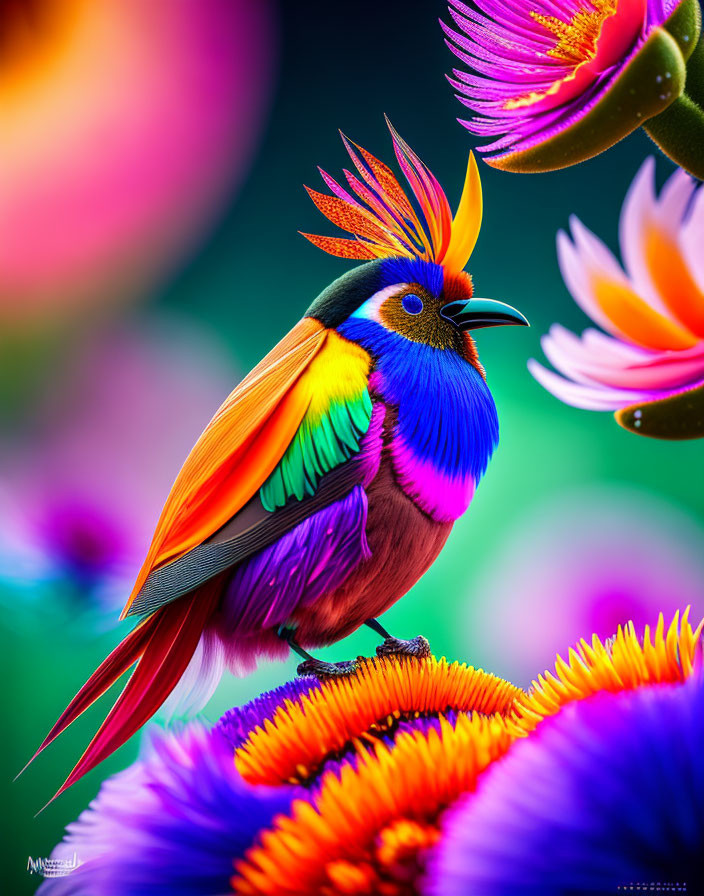 Colorful Bird Perched on Flower with Purple and Orange Background