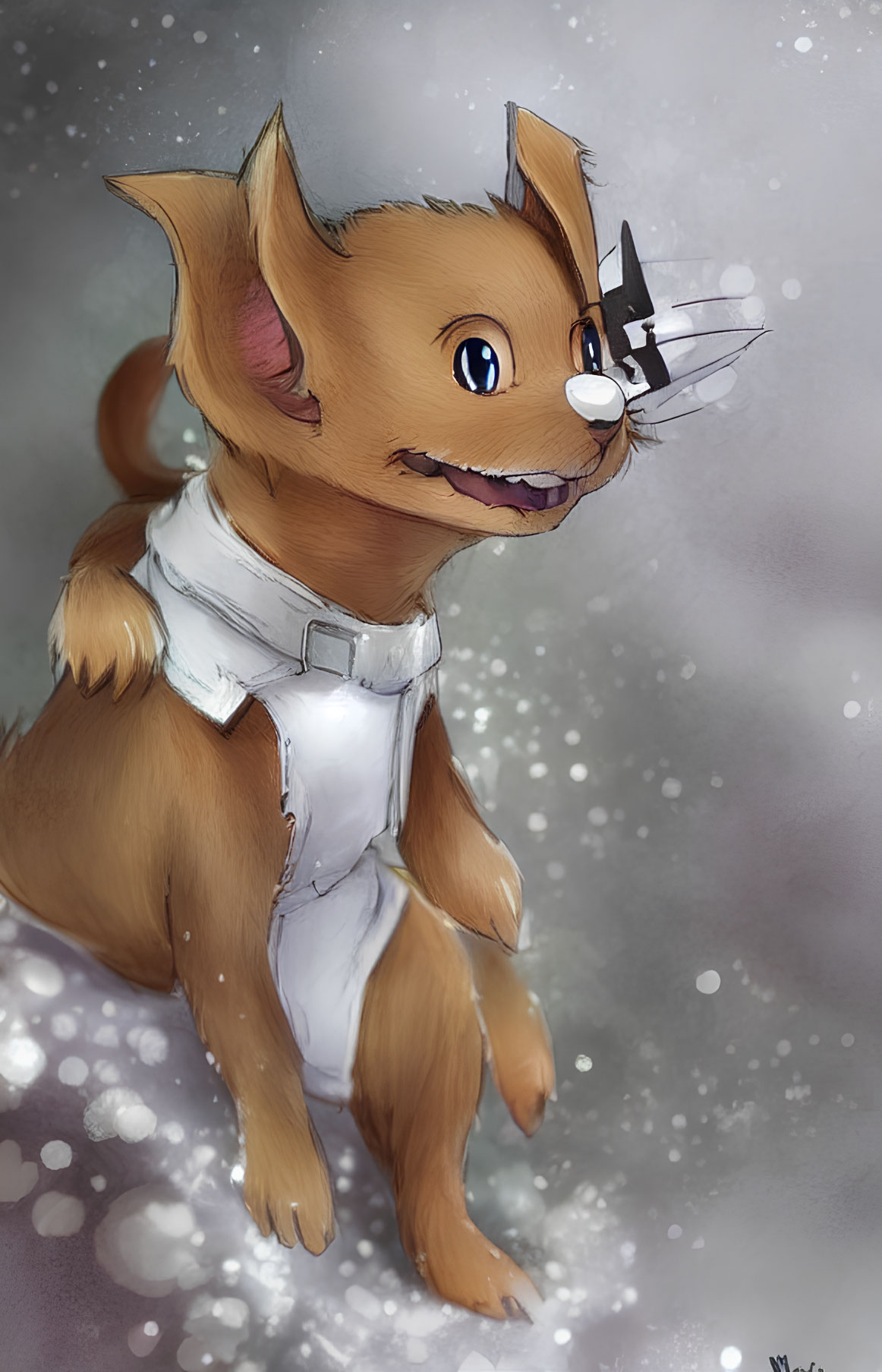 Brown Dog in White Space Suit Looking Up in Glowing Lights