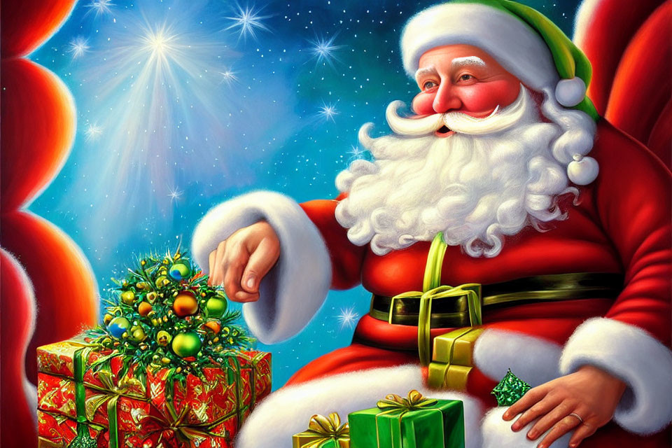 Smiling Santa Claus placing gifts by Christmas tree