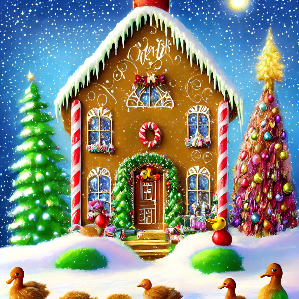 Festive Christmas scene with gingerbread house, snow-covered trees, ducks, and lights