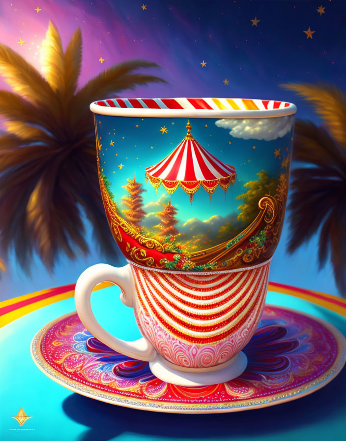 Colorful Carnival Scene Cup and Saucer with Palm Trees and Starry Sky