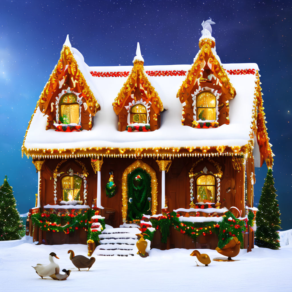 Gingerbread house with Christmas decorations in snowy scene with ducks and starry sky