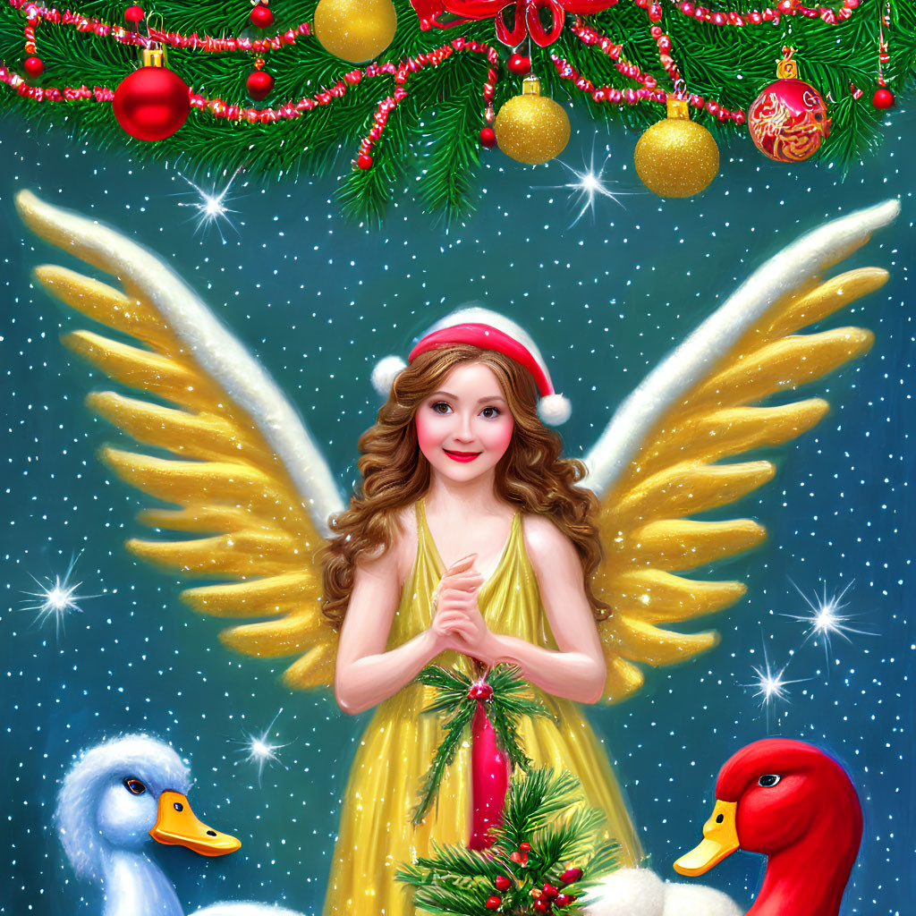 Illustrated angel in Santa hat with glowing wings and ducks on festive Christmas backdrop