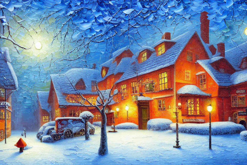 Snow-covered cottages, car, streetlights, and tree in twilight winter scene