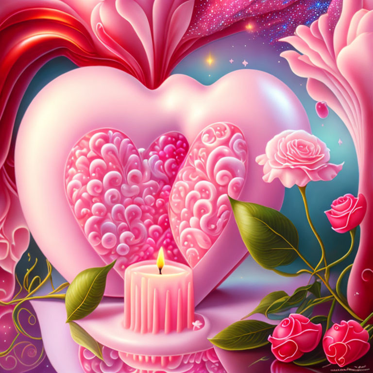 Colorful Heart and Flowers Illustration with Candle in Love-themed Scene