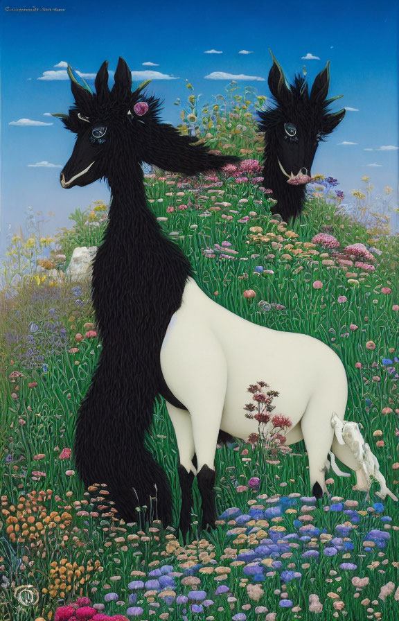 Surreal painting: Conjoined goat-bodied animals with black llama heads in vibrant meadow