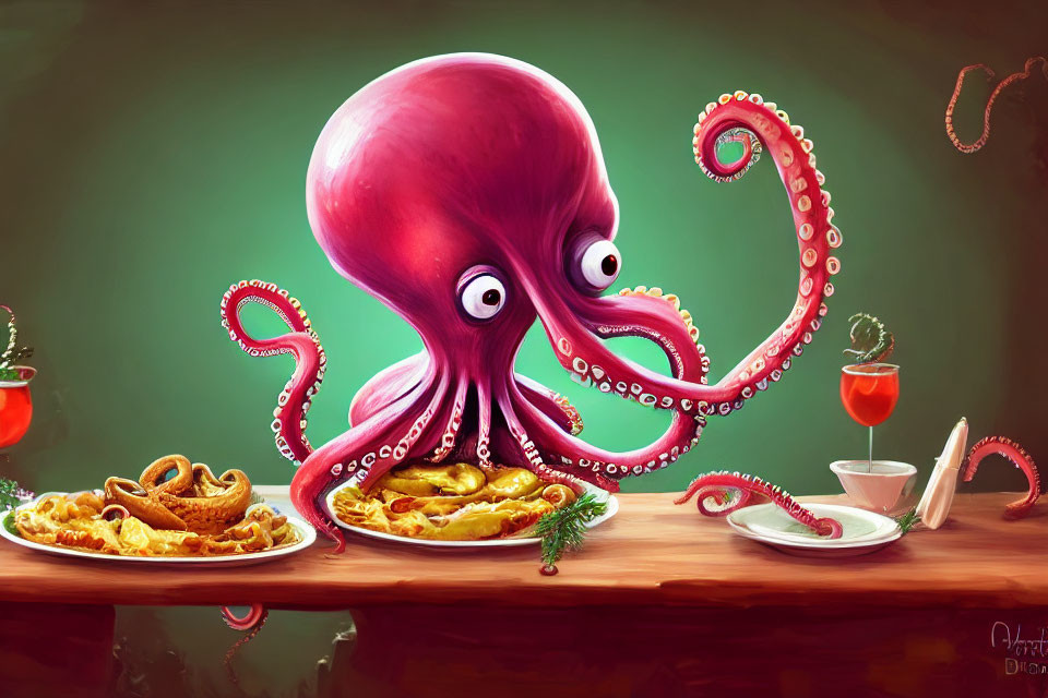 Pink Octopus Illustration Serving Pasta and Tea on Green Background