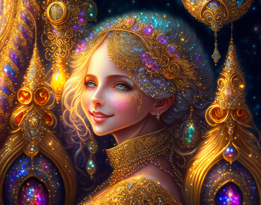 Portrait of Woman Adorned in Golden Jewelry and Gemstones on Cosmic Background