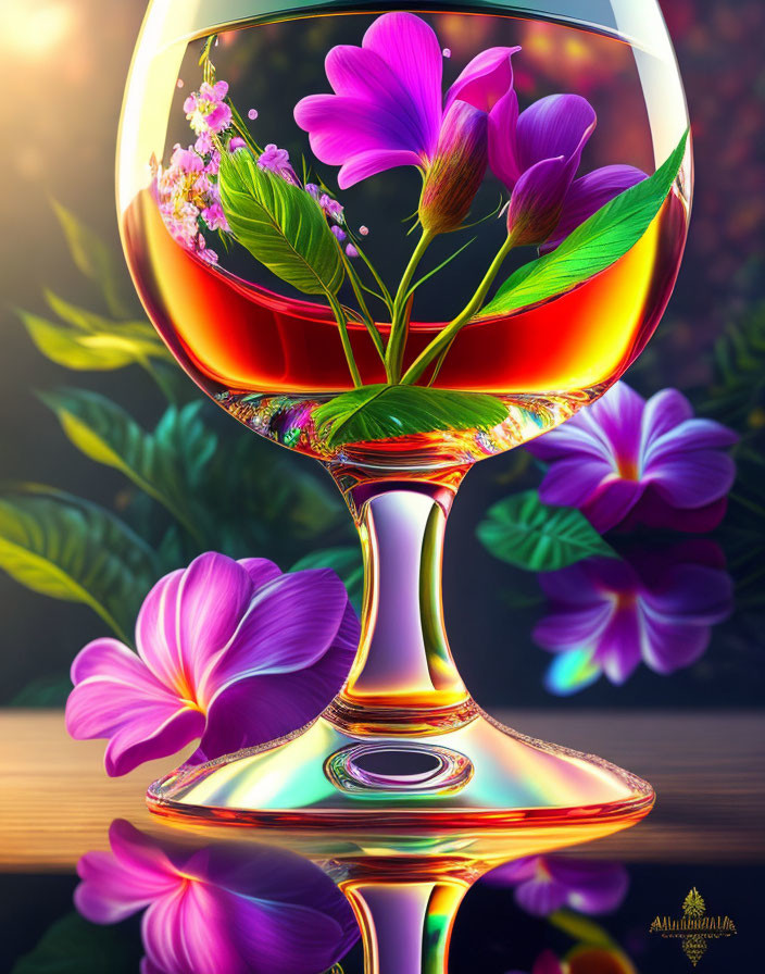 Colorful Digital Artwork: Glass of Wine with Purple Flowers