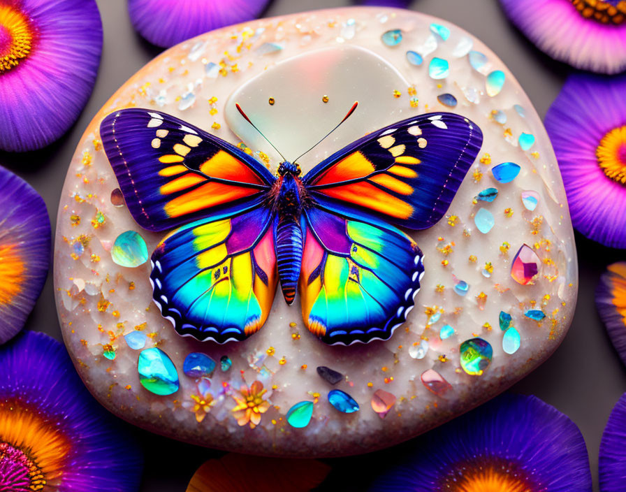 Colorful butterfly on glittering stone amid purple and blue flowers with dewdrops.