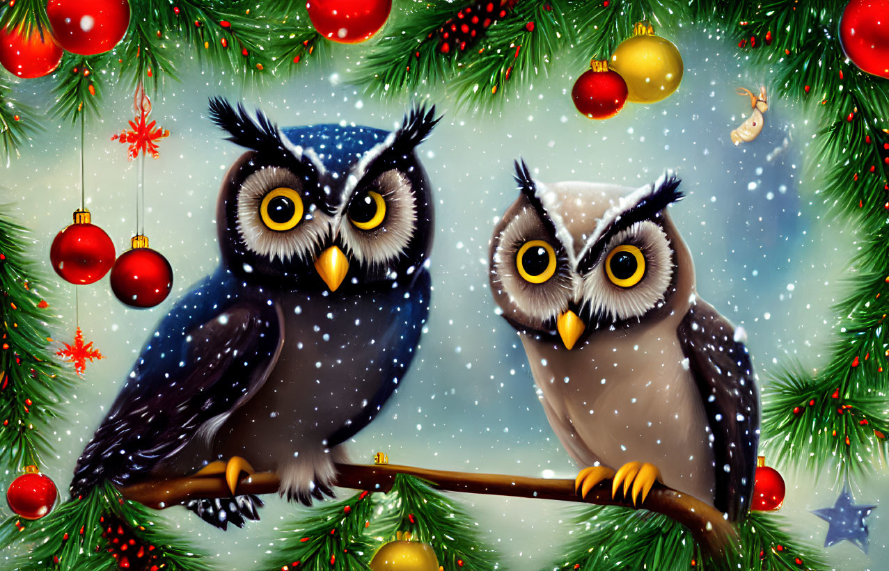 Illustrated owls on branch with Christmas decorations in snow